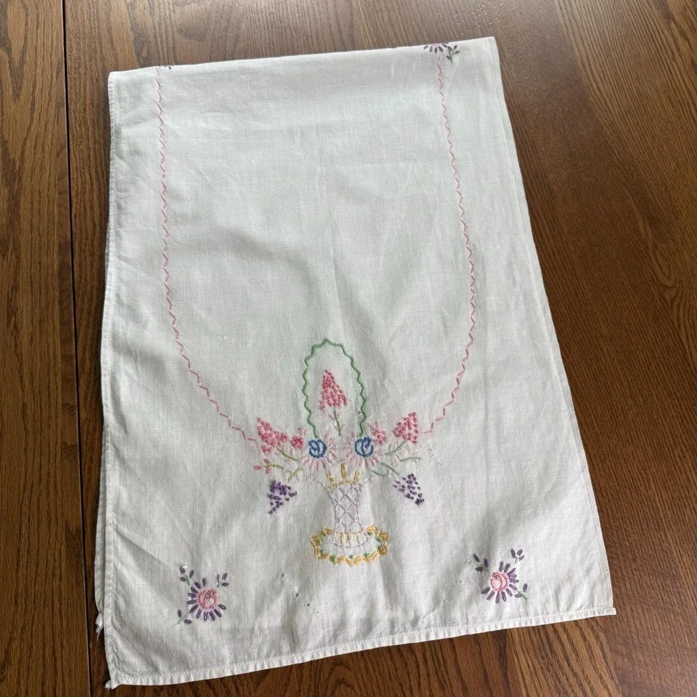 Vtg Embroidered Crochet Dresser Scarf Table Runner Flower Basket Thin Fabric EUC